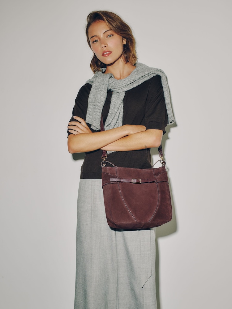 Burgundy Red Suede Belted Messenger Hand Held Bag - Image 2 of 9 Burgundy Red Suede Belted Messenger Hand Held Bag - Image 2 of 9