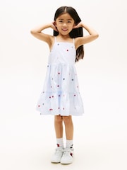 Tommy Hilfiger Blue Floral Embroidery Stripe Fit And Flare Dress - Image 1 of 5