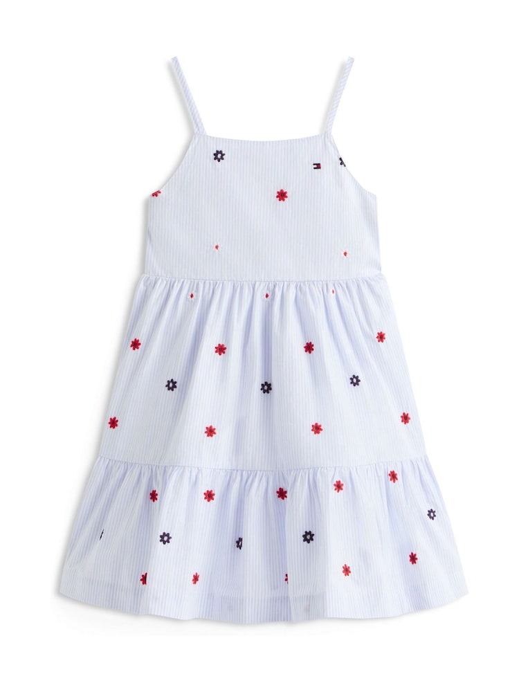 Tommy Hilfiger Blue Floral Embroidery Stripe Fit And Flare Dress - Image 5 of 5