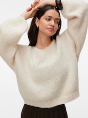 VERO MODA Cream Long Sleeve 2 Way V-Neck Jumper - Image 1 of 5