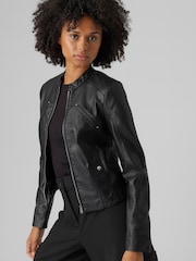 VERO MODA Black Collarless Faux Leather Jacket - Image 1 of 5