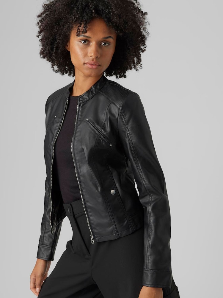 VERO MODA Black Collarless Faux Leather Jacket - Image 1 of 5