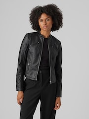 VERO MODA Black Collarless Faux Leather Jacket - Image 2 of 5