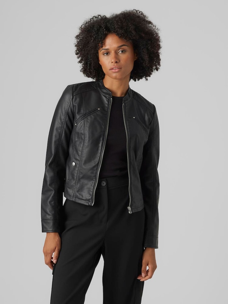 VERO MODA Black Collarless Faux Leather Jacket - Image 2 of 5