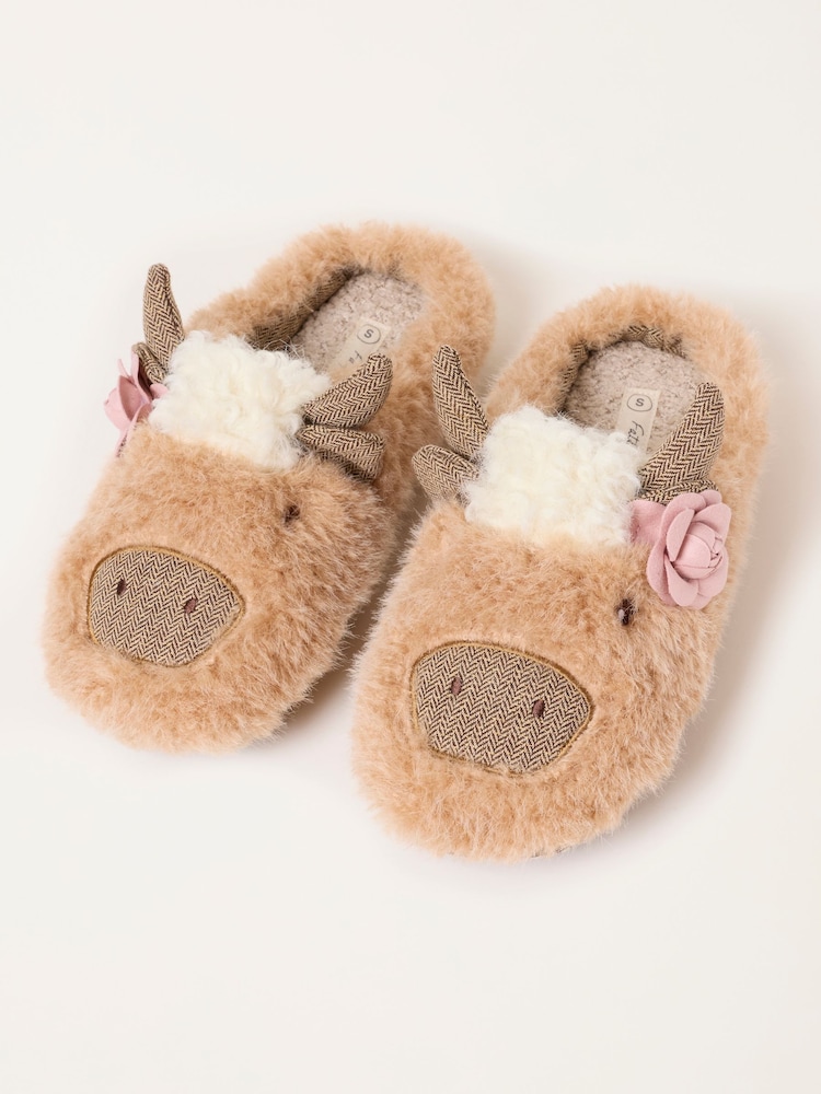 FatFace Novelty Light Brown Cow Mule Slipper - Image 1 of 3 FatFace Novelty Light Brown Cow Mule Slipper - Image 1 of 3