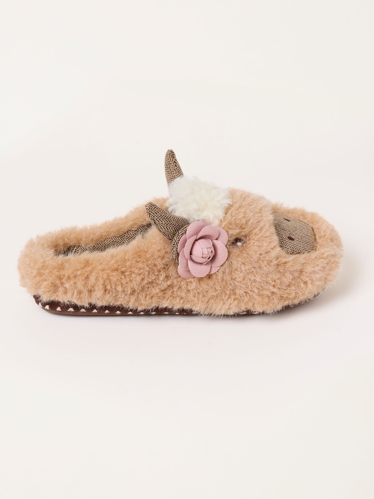 FatFace Novelty Light Brown Cow Mule Slipper - Image 2 of 3 FatFace Novelty Light Brown Cow Mule Slipper - Image 2 of 3