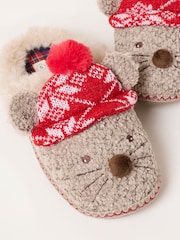 FatFace Shelter Brown Christmas Mouse Novelty Mule Slippers - Image 2 of 3