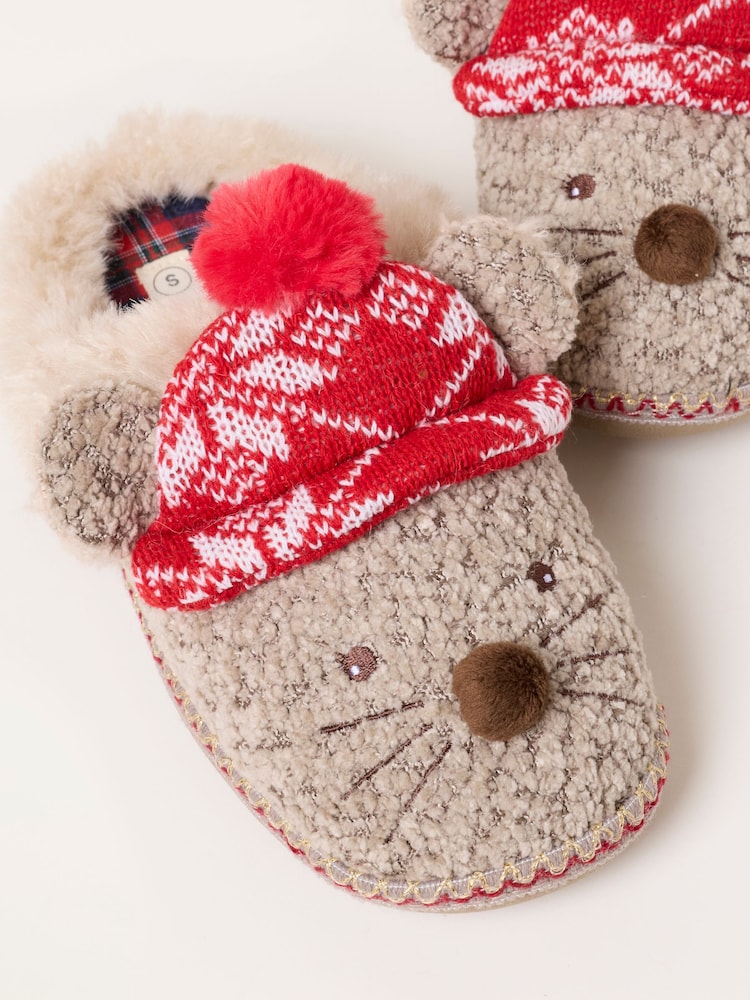 FatFace Shelter Brown Christmas Mouse Novelty Mule Slippers - Image 2 of 3 FatFace Shelter Brown Christmas Mouse Novelty Mule Slippers - Image 2 of 3