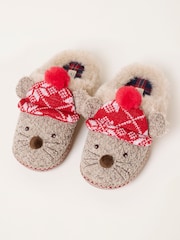 FatFace Shelter Brown Christmas Mouse Novelty Mule Slippers - Image 3 of 3
