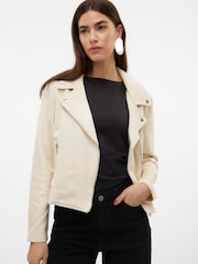 VERO MODA Cream Faux Suede Biker Jacket - Image 1 of 5