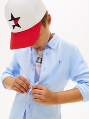 Tommy Hilfiger Blue Relaxed Fit Flag Embroidery Linen Blend Shirt - Image 4 of 5