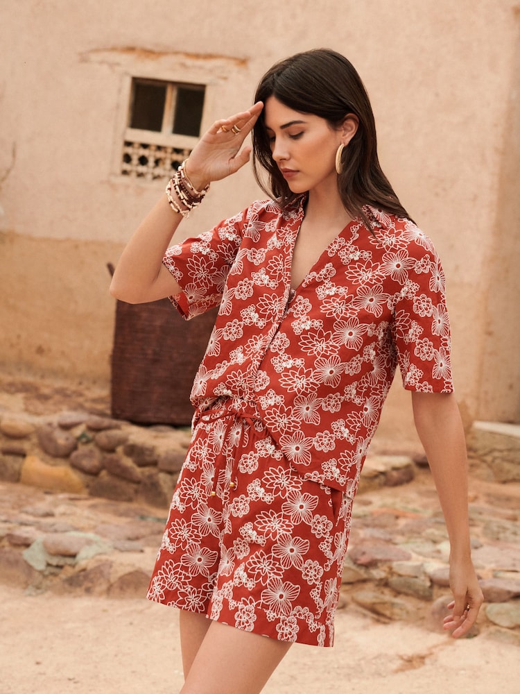 Love & Roses Rust Brown Floral Embroidery Petite Beach Shirt - Image 4 of 4