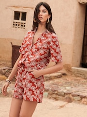 Love & Roses Rust Brown Floral Embroidery Petite Beach Shorts - Image 4 of 4