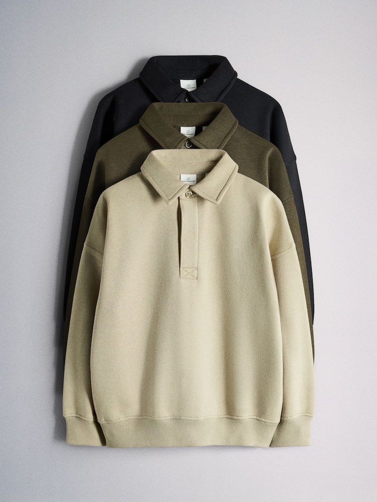 The Set 3 Pack Collared Sweat Top Black/Green - Image 1 of 6 The Set 3 Pack Collared Sweat Top Black/Green - Image 1 of 6
