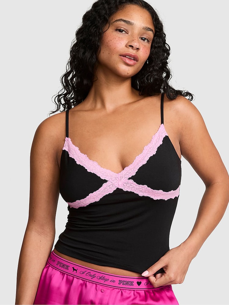 Victoria's Secret Pink Black Modal Lace Cami Pyjama Top - Image 1 of 2 Victoria's Secret Pink Black Modal Lace Cami Pyjama Top - Image 1 of 2