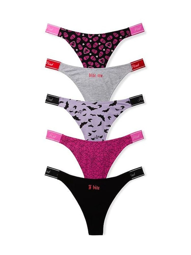 Victoria's Secret PINK Black/Pink Halloween Print Thong 5 Pack Logo Knickers - Image 1 of 1