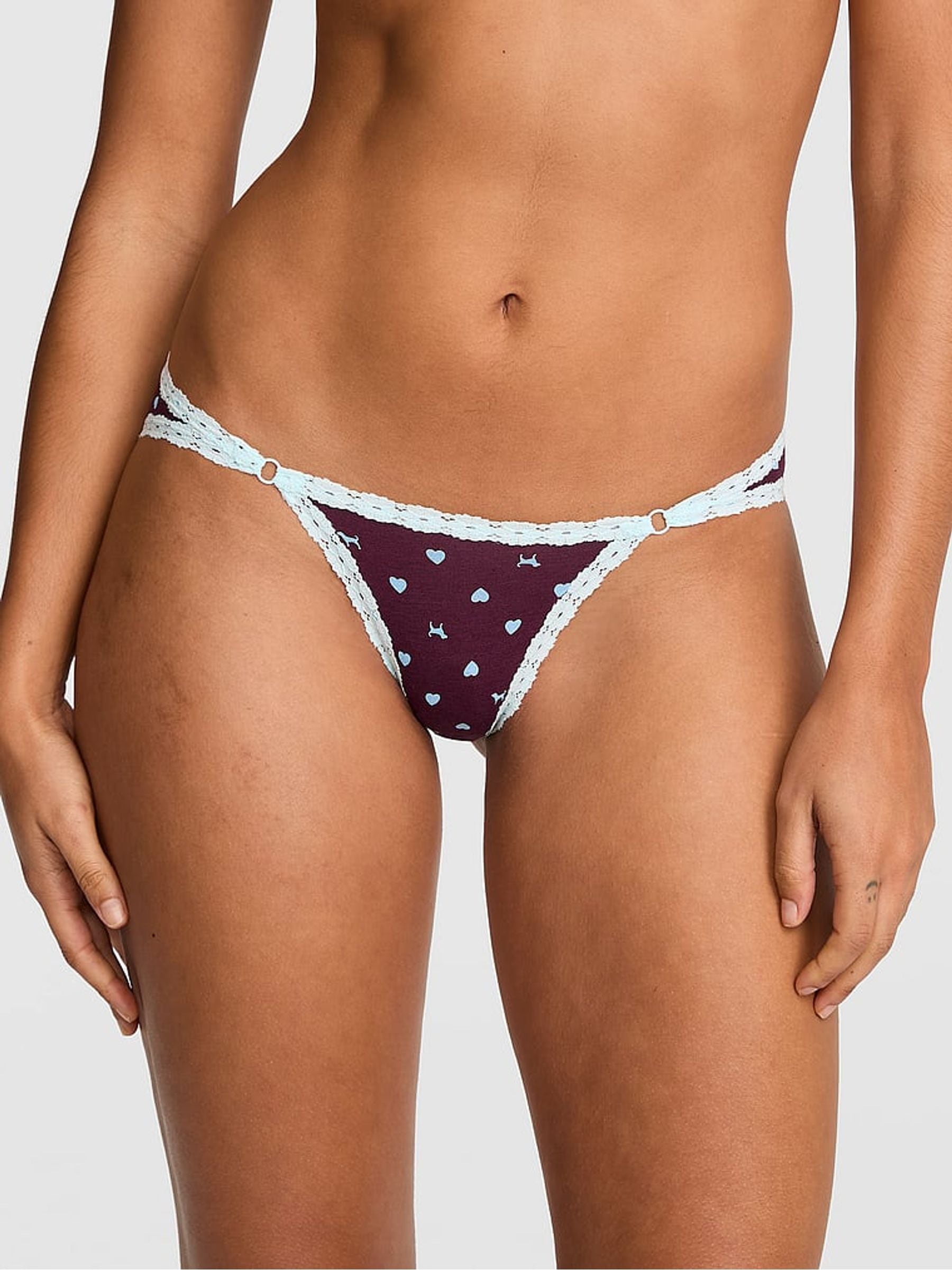 Victoria's Secret PINK Purple Rose Dog Print Cheeky Cotton Heather Lace Trim Knickers