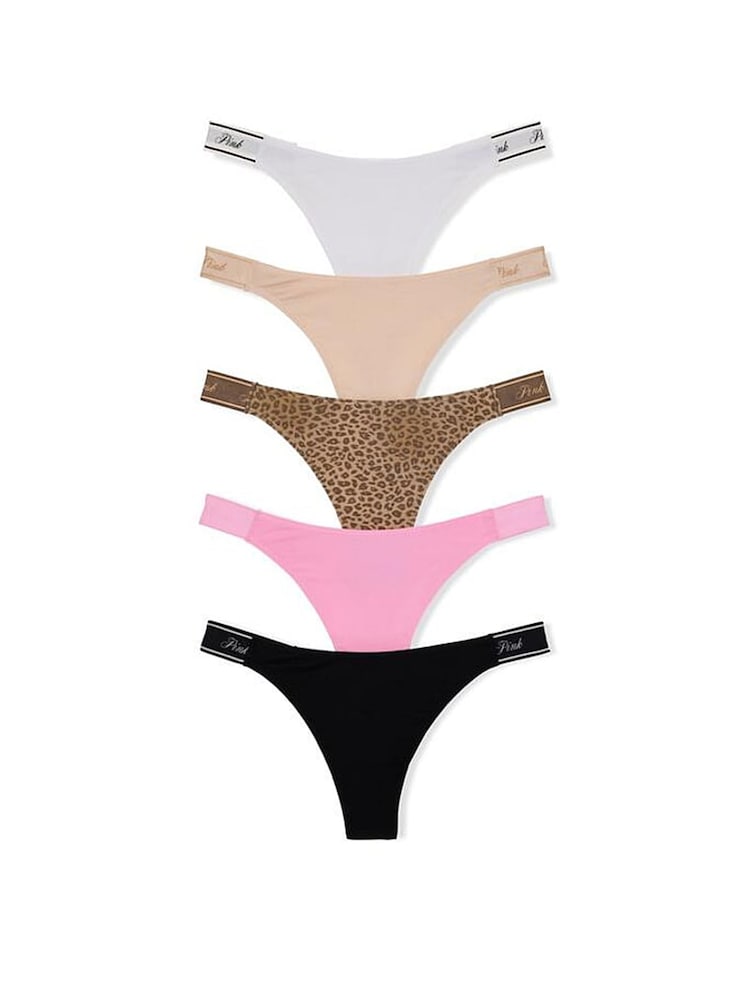 Victoria's Secret PINK Black/White/Nude/Brown/Pink Thong 5 Pack Logo Knickers - Image 1 of 3