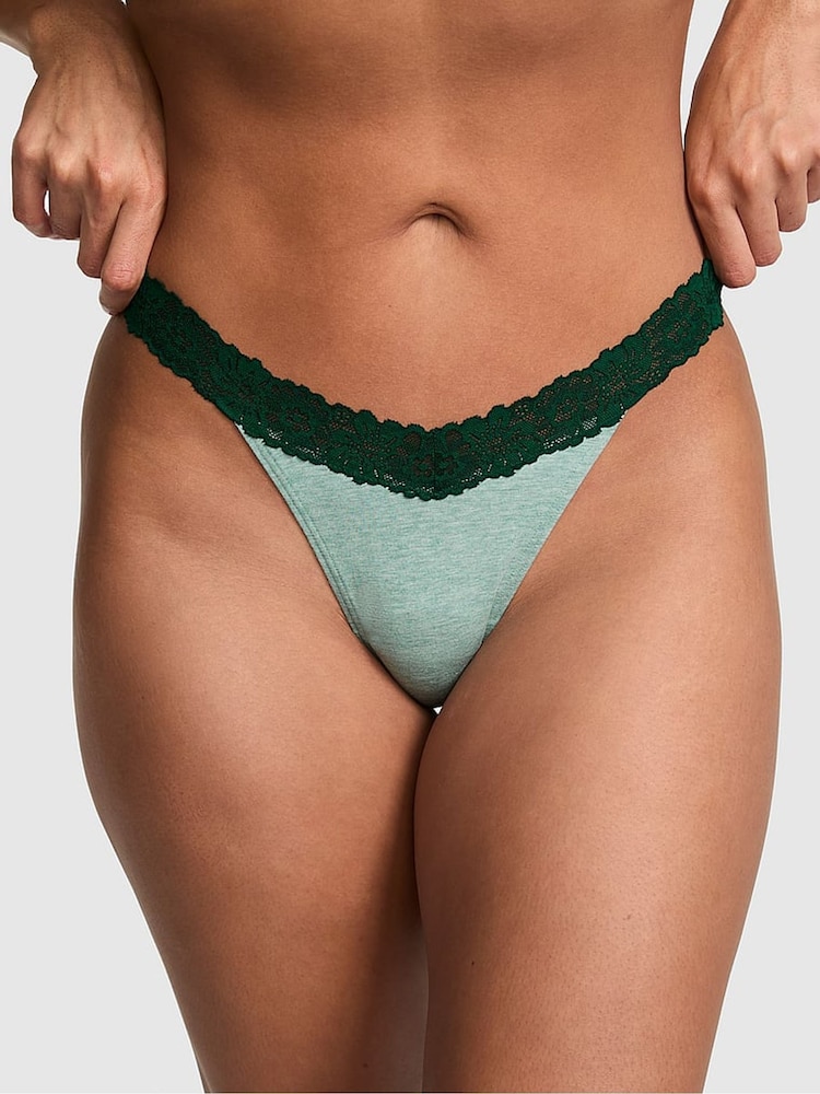 Victoria's Secret PINK Soft Sage Green Thong Cotton Heather Lace Trim Knickers - Image 1 of 2 Victoria's Secret PINK Soft Sage Green Thong Cotton Heather Lace Trim Knickers - Image 1 of 2