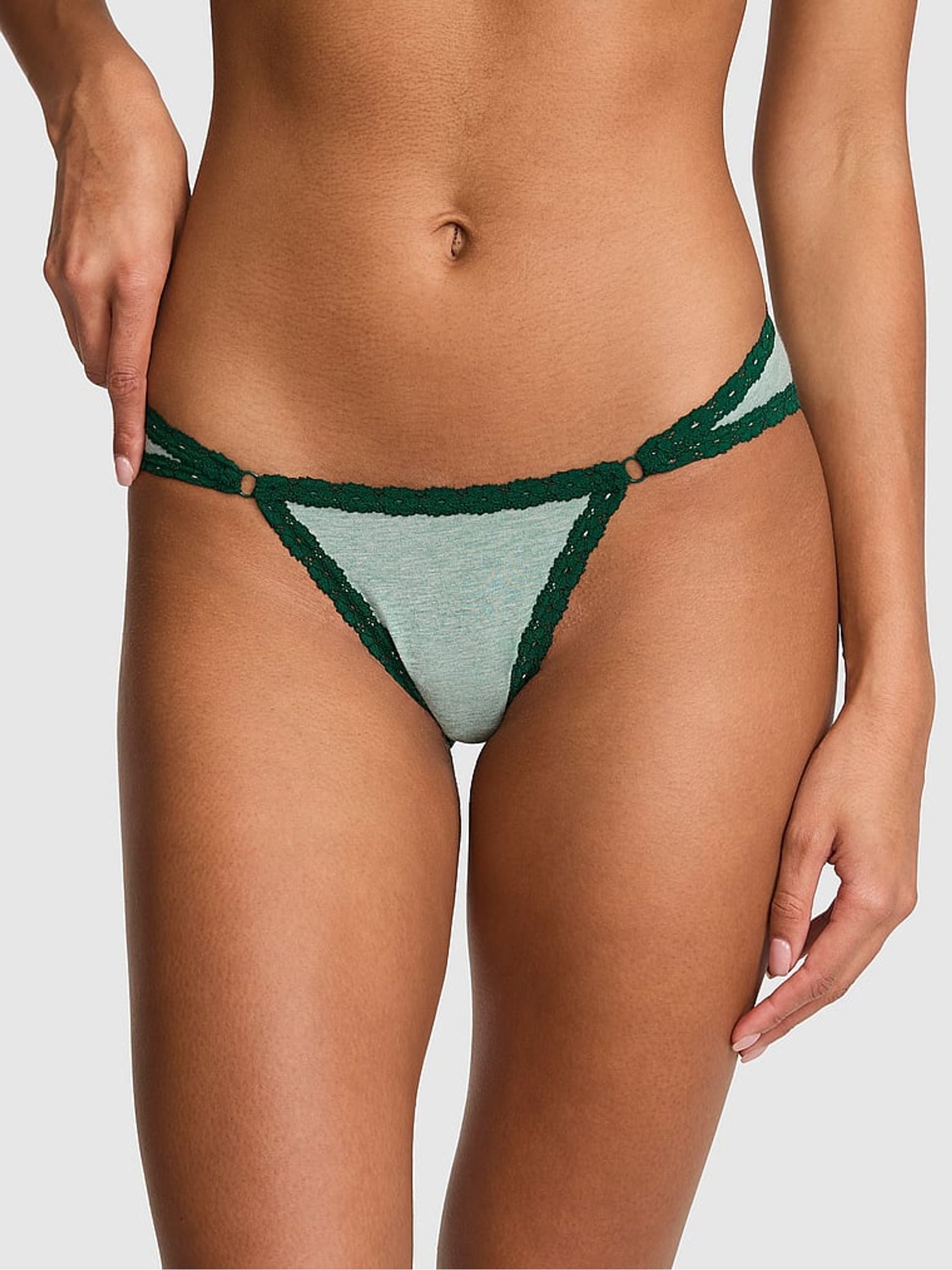 Victoria's Secret PINK Soft Sage Green Cheeky Cotton Heather Lace Trim Knickers