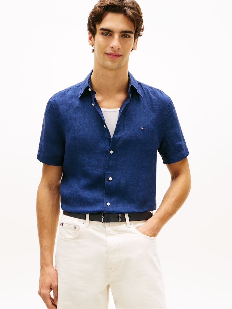 Tommy Hilfiger Blue Regular Fit Washed Linen Short Sleeve Shirt - Image 1 of 5