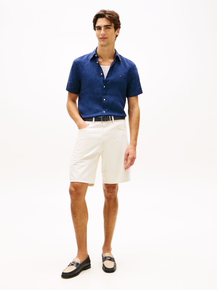 Tommy Hilfiger Blue Regular Fit Washed Linen Short Sleeve Shirt - Image 2 of 5