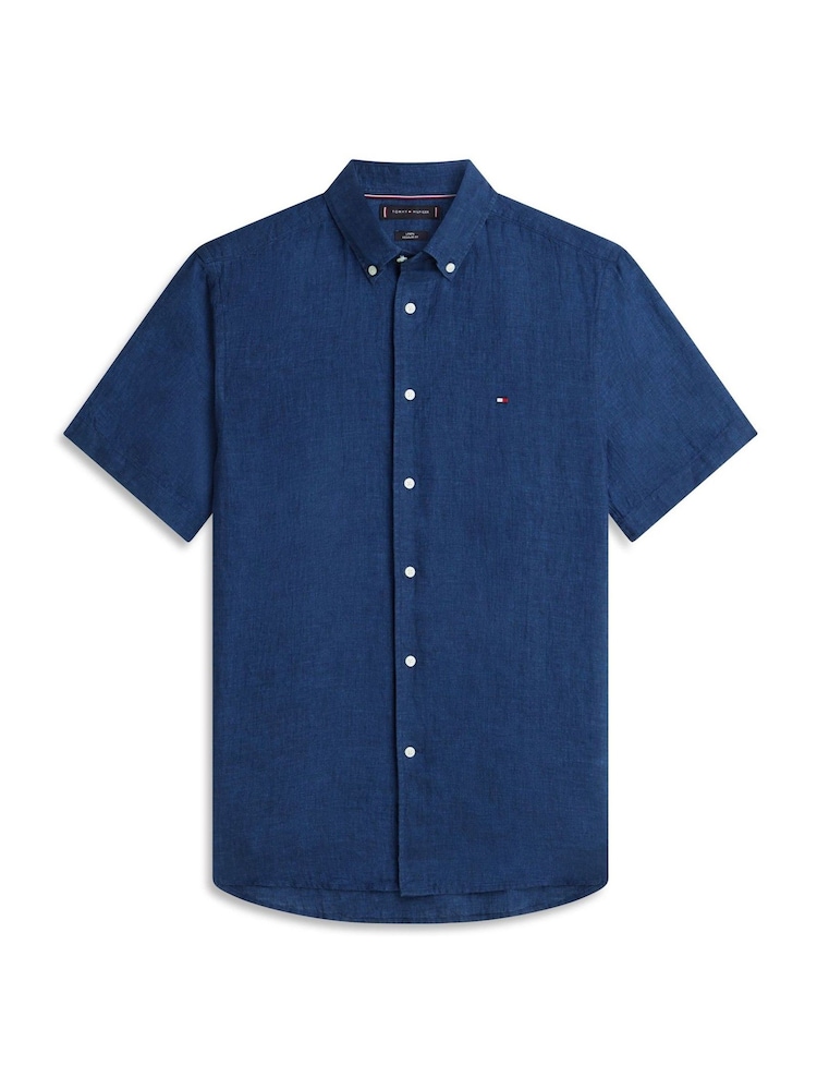 Tommy Hilfiger Blue Regular Fit Washed Linen Short Sleeve Shirt - Image 5 of 5