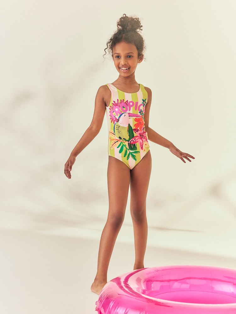 Green Stripe Tropical Scoop Neck Swimsuit (3-16yrs) - Image 1 of 4