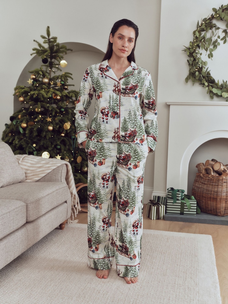 Ecru Santa Matching Family Christmas Flannel Button Through Pyjamas - Image 1 of 7 Ecru Santa Matching Family Christmas Flannel Button Through Pyjamas - Image 1 of 7