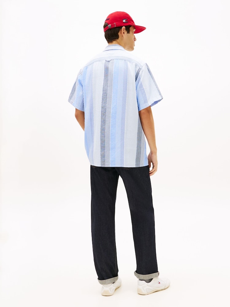 Tommy Jeans Blue Relaxed Fit Stripe Short Sleeve Shirt - Image 2 of 4 Tommy Jeans Blue Relaxed Fit Stripe Short Sleeve Shirt - Image 2 of 4