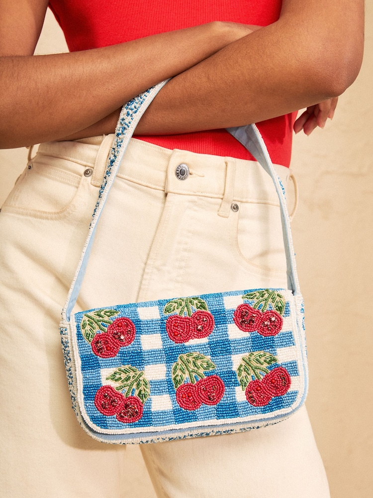 Love & Roses Blue Cherry Gingham Hand Beaded Shoulder Bag - Image 1 of 7 Love & Roses Blue Cherry Gingham Hand Beaded Shoulder Bag - Image 1 of 7