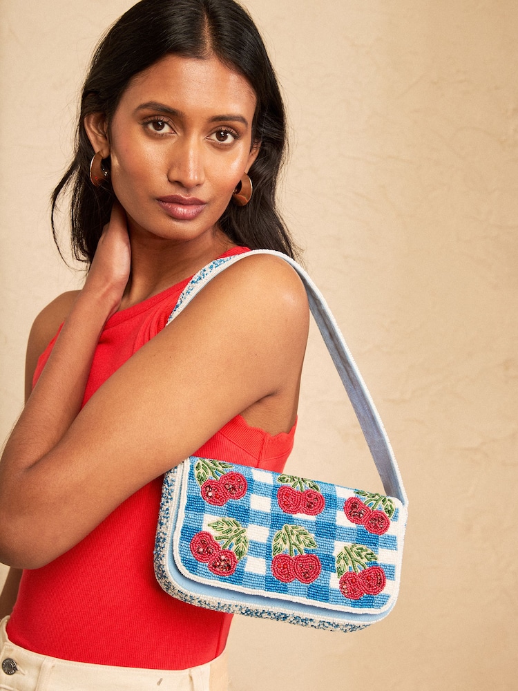 Love & Roses Blue Cherry Gingham Hand Beaded Shoulder Bag - Image 2 of 7 Love & Roses Blue Cherry Gingham Hand Beaded Shoulder Bag - Image 2 of 7