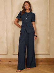 Love & Roses Navy Viscose / Linen Blend Wide Leg Trousers - Image 2 of 4