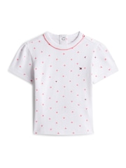 Tommy Hilfiger White Heart Print Pointelle T-Shirt - Image 1 of 2