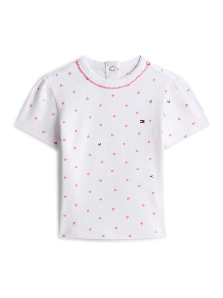 Tommy Hilfiger White Heart Print Pointelle T-Shirt - Image 1 of 2 Tommy Hilfiger White Heart Print Pointelle T-Shirt - Image 1 of 2