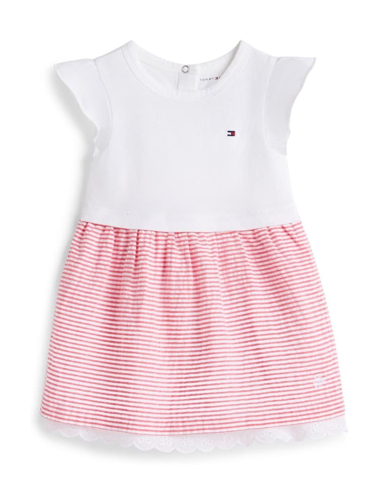 Tommy Hilfiger White Stripe Seersucker Broderie Short Sleeve Dress - Image 1 of 2