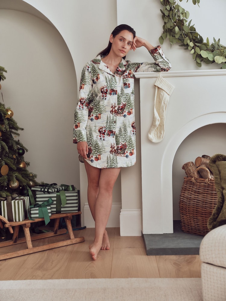 Ecru Santa Matching Family Christmas Flannel Nightshirt - Image 1 of 7 Ecru Santa Matching Family Christmas Flannel Nightshirt - Image 1 of 7