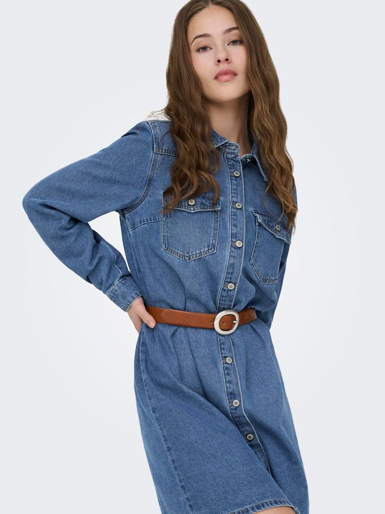 ONLY Blue Long Sleeve Denim Shirt Dress - Image 1 of 6