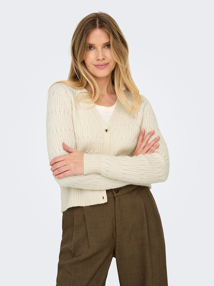ONLY Cream Cable Knit V-Neck Cardigan - Image 1 of 6 ONLY Cream Cable Knit V-Neck Cardigan - Image 1 of 6
