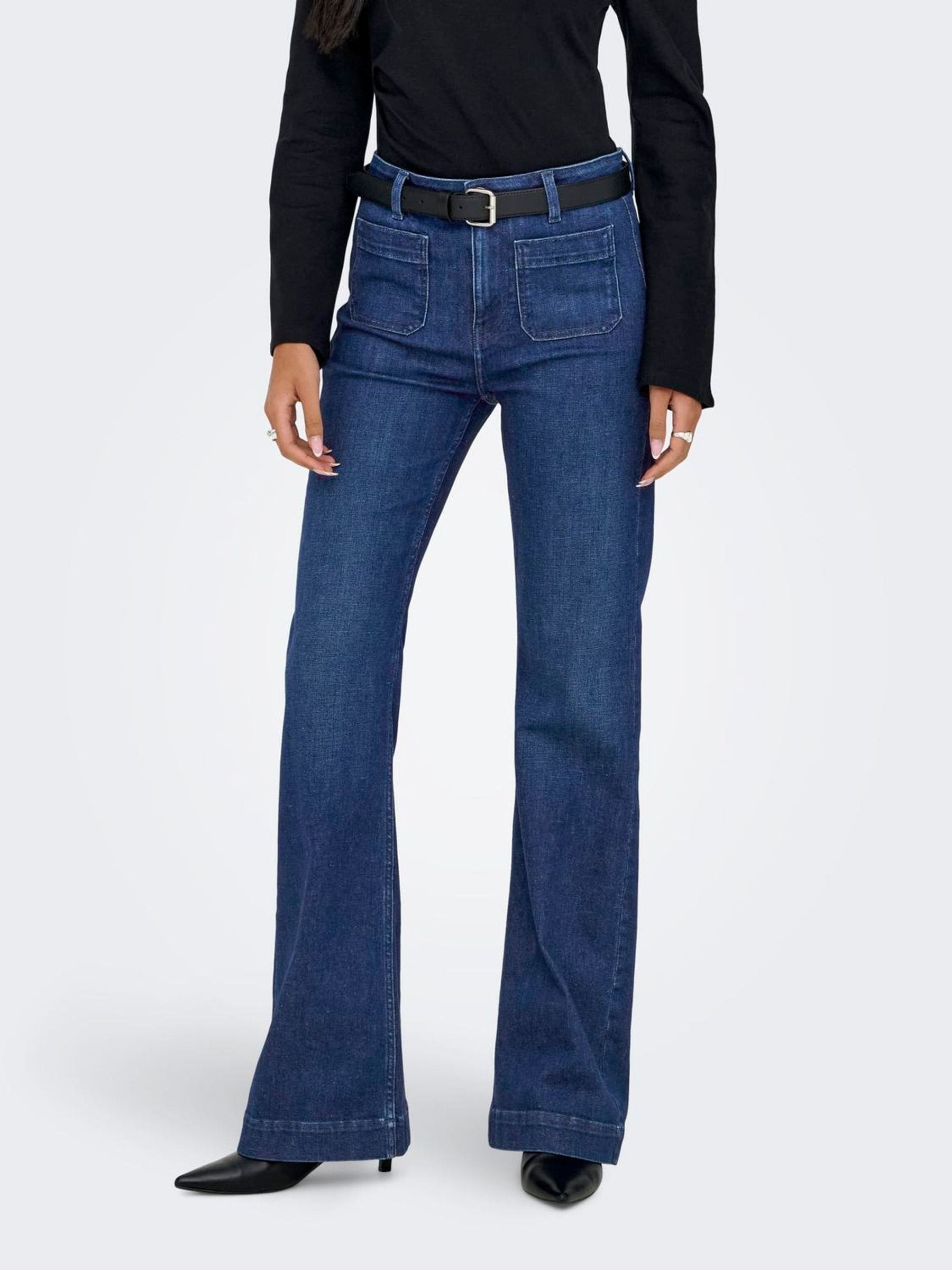 Only Women's Blue High Waist Flared With Super Stretch And Pocket Detail Jeans