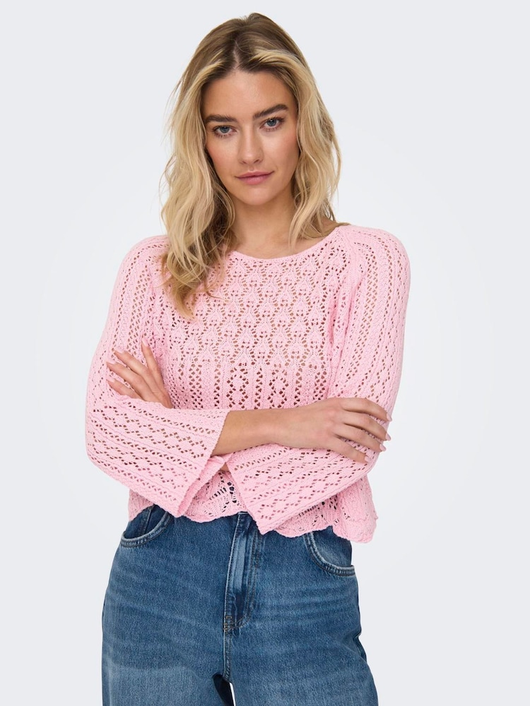 ONLY Pink 3/4 Sleeve Crochet Pullover Jumper - Image 1 of 6