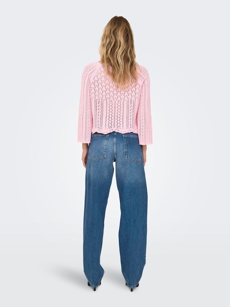 ONLY Pink 3/4 Sleeve Crochet Pullover Jumper - Image 2 of 6