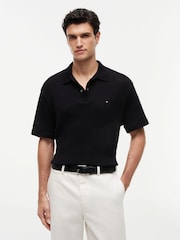 Tommy Hilfiger Black Relaxed Fit Open Knit Polo Shirt - Image 1 of 4