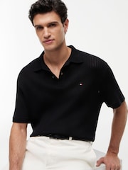 Tommy Hilfiger Black Relaxed Fit Open Knit Polo Shirt - Image 4 of 4