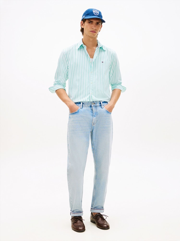 Tommy Hilfiger Green Flex Regular Fit Stripe Poplin Shirt - Image 2 of 5 Tommy Hilfiger Green Flex Regular Fit Stripe Poplin Shirt - Image 2 of 5