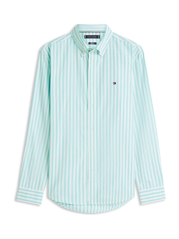 Tommy Hilfiger Green Flex Regular Fit Stripe Poplin Shirt - Image 5 of 5 Tommy Hilfiger Green Flex Regular Fit Stripe Poplin Shirt - Image 5 of 5