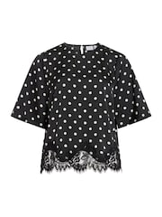 VILA Black Short Sleeve Spot Printed Lace Top - Image 1 of 2