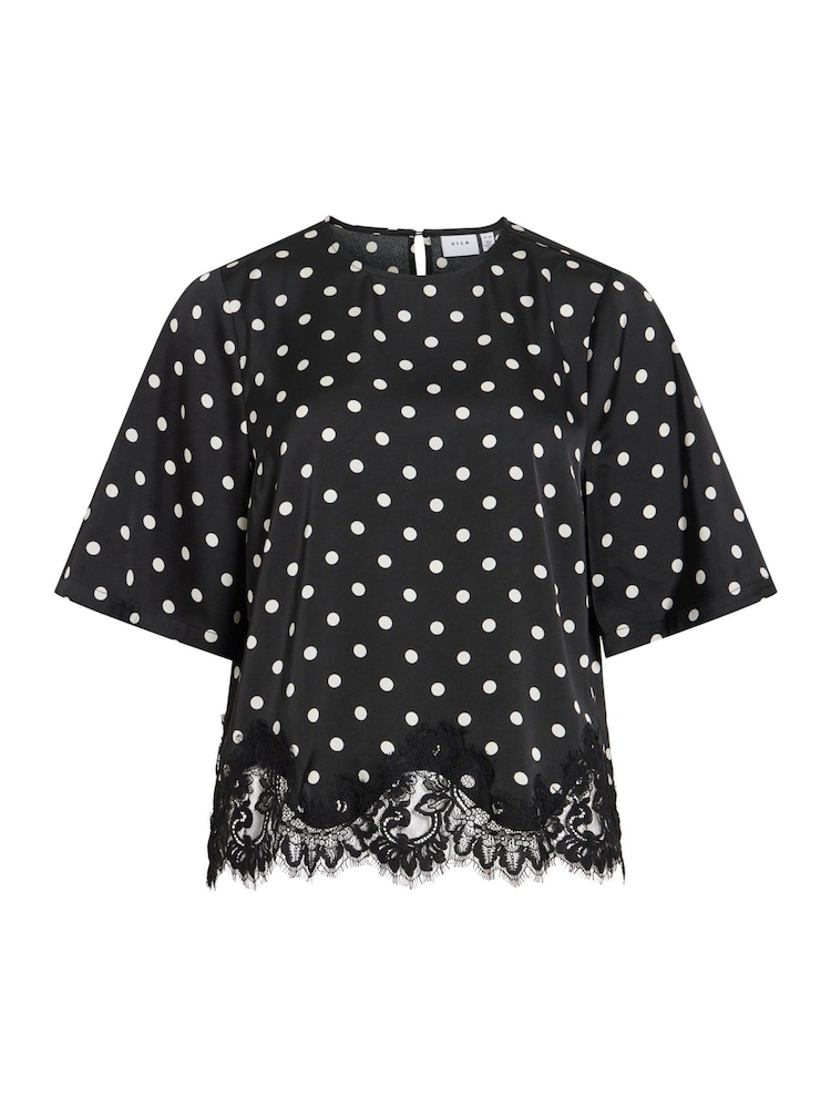 VILA Black Short Sleeve Spot Printed Lace Top - Image 1 of 2