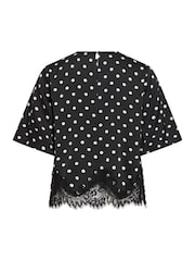 VILA Black Short Sleeve Spot Printed Lace Top - Image 6 of 6