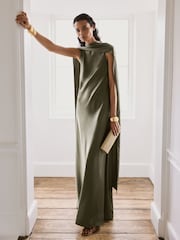 Reiss Khaki Green Fae Satin Cape Maxi Dress - Image 1 of 7